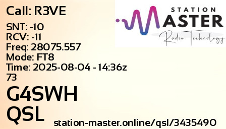 QSL Card for G4SWH QSO with R3VE