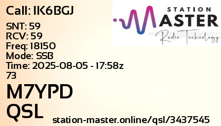 QSL Card for M7YPD QSO with IK6BGJ