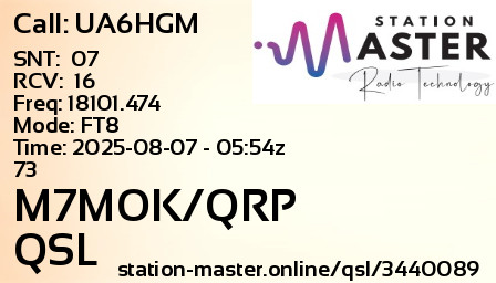 QSL Card for M7MOK/QRP QSO with UA6HGM