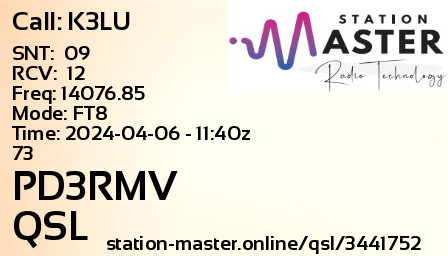 QSL Card for PD3RMV QSO with K3LU