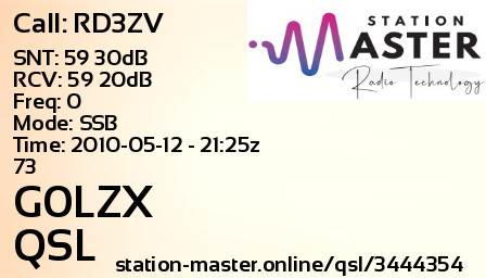 QSL Card for G0LZX QSO with RD3ZV