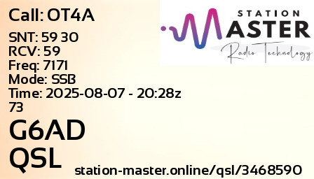 QSL Card for G6AD QSO with OT4A