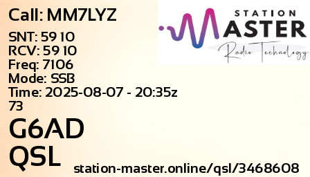 QSL Card for G6AD QSO with MM7LYZ