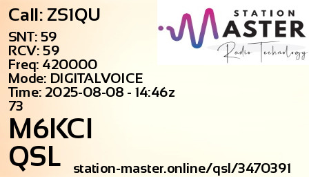 QSL Card for M6KCI QSO with ZS1QU