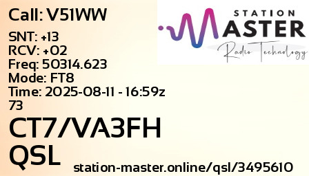 QSL Card for CT7/VA3FH QSO with V51WW