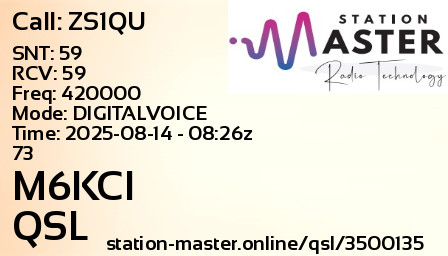 QSL Card for M6KCI QSO with ZS1QU