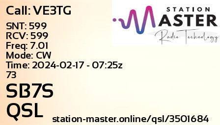 QSL Card for SB7S QSO with VE3TG