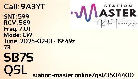 QSL Card for SB7S QSO with 9A3YT