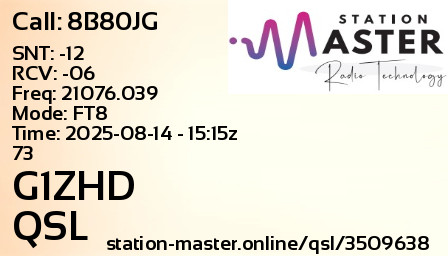 QSL Card for G1ZHD QSO with 8B80JG