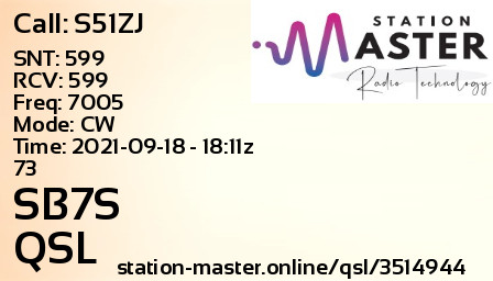 QSL Card for SB7S QSO with S51ZJ