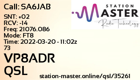 QSL Card for VP8ADR QSO with SA6JAB