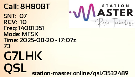 QSL Card for G7LHK QSO with 8H80BT