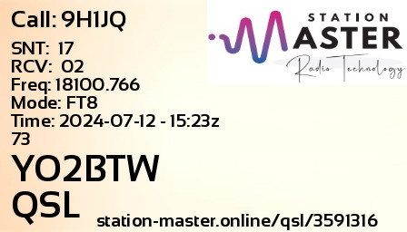 QSL Card for YO2BTW QSO with 9H1JQ
