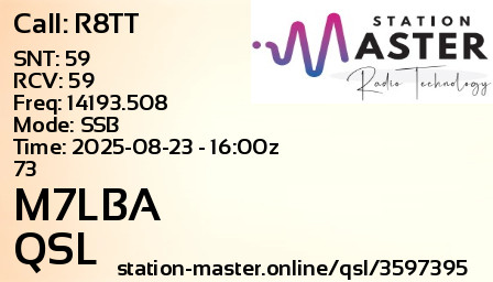 QSL Card for M7LBA QSO with R8TT