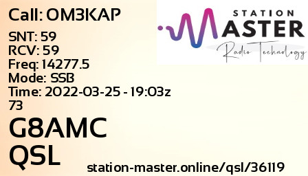 QSL Card for G8AMC QSO with OM3KAP