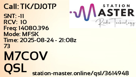 QSL Card for M7COV QSO with TK/DJ0TP