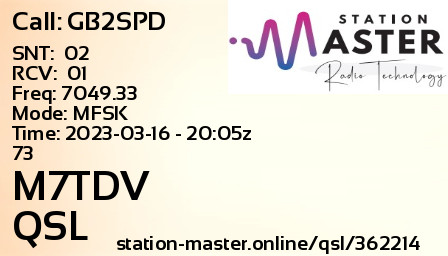 QSL Card for M7TDV QSO with GB2SPD
