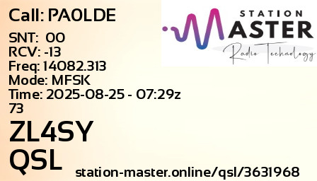 QSL Card for ZL4SY QSO with PA0LDE
