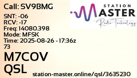 QSL Card for M7COV QSO with SV9BMG