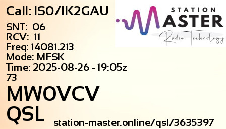 QSL Card for MW0VCV QSO with IS0/IK2GAU