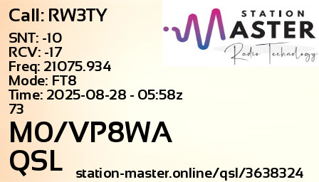 QSL Card for M0/VP8WA QSO with RW3TY