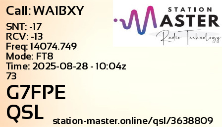 QSL Card for G7FPE QSO with WA1BXY