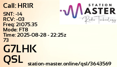 QSL Card for G7LHK QSO with HR1R