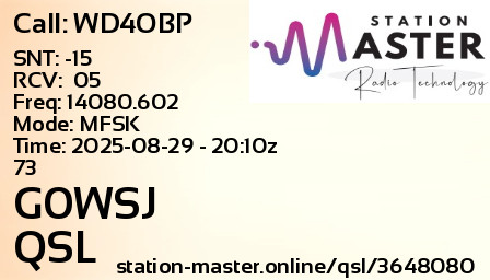 QSL Card for G0WSJ QSO with WD4OBP