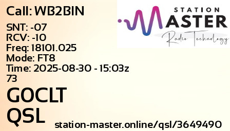 QSL Card for G0CLT QSO with WB2BIN
