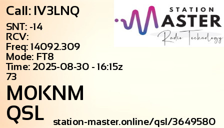 QSL Card for M0KNM QSO with IV3LNQ