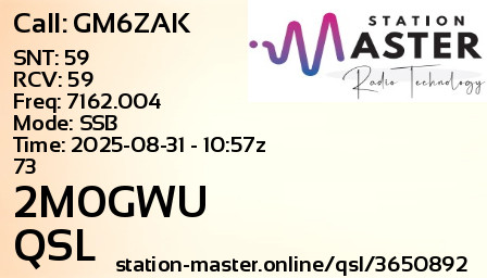 QSL Card for 2M0GWU QSO with GM6ZAK