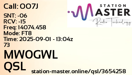 QSL Card for MW0GWL QSO with OO7J