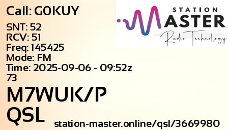 QSL Card for M7WUK/P QSO with G0KUY
