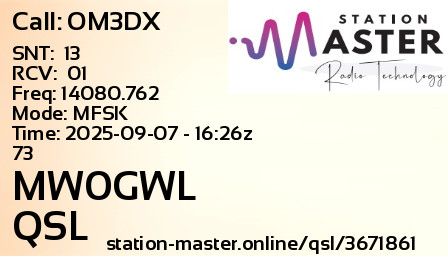 QSL Card for MW0GWL QSO with OM3DX