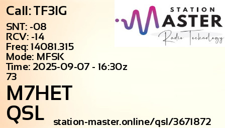 QSL Card for M7HET QSO with TF3IG