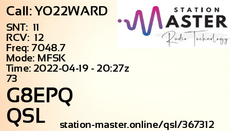 QSL Card for G8EPQ QSO with YO22WARD