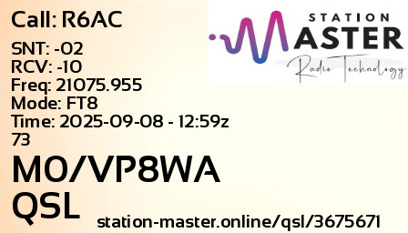 QSL Card for M0/VP8WA QSO with R6AC