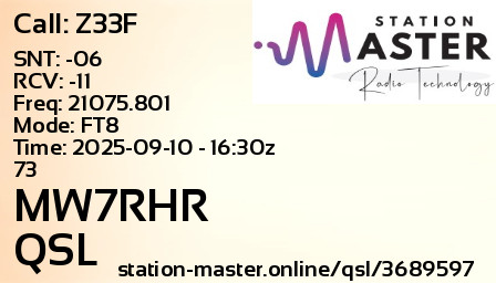 QSL Card for MW7RHR QSO with Z33F