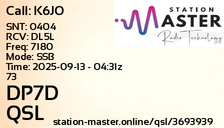 QSL Card for DP7D QSO with K6JO