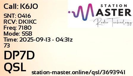 QSL Card for DP7D QSO with K6JO