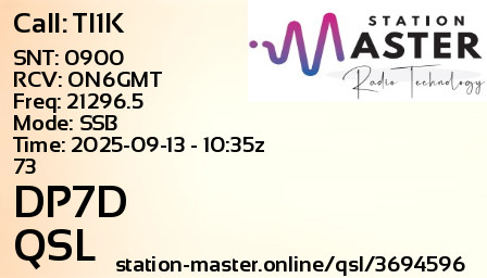 QSL Card for DP7D QSO with TI1K