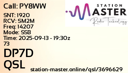 QSL Card for DP7D QSO with PY8WW