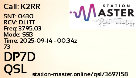 QSL Card for DP7D QSO with K2RR