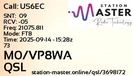 QSL Card for M0/VP8WA QSO with US6EC
