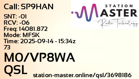QSL Card for M0/VP8WA QSO with SP9HAN