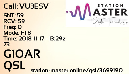 QSL Card for G1OAR QSO with VU3ESV