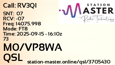 QSL Card for M0/VP8WA QSO with RV3QI