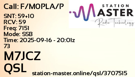 QSL Card for M7JCZ QSO with F/M0PLA/P