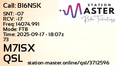 QSL Card for M7ISX QSO with BI6NSK