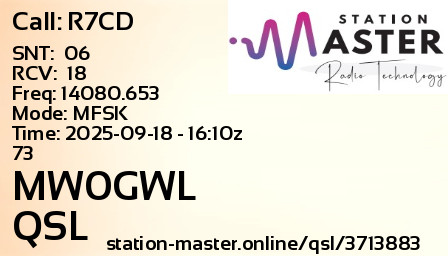 QSL Card for MW0GWL QSO with R7CD